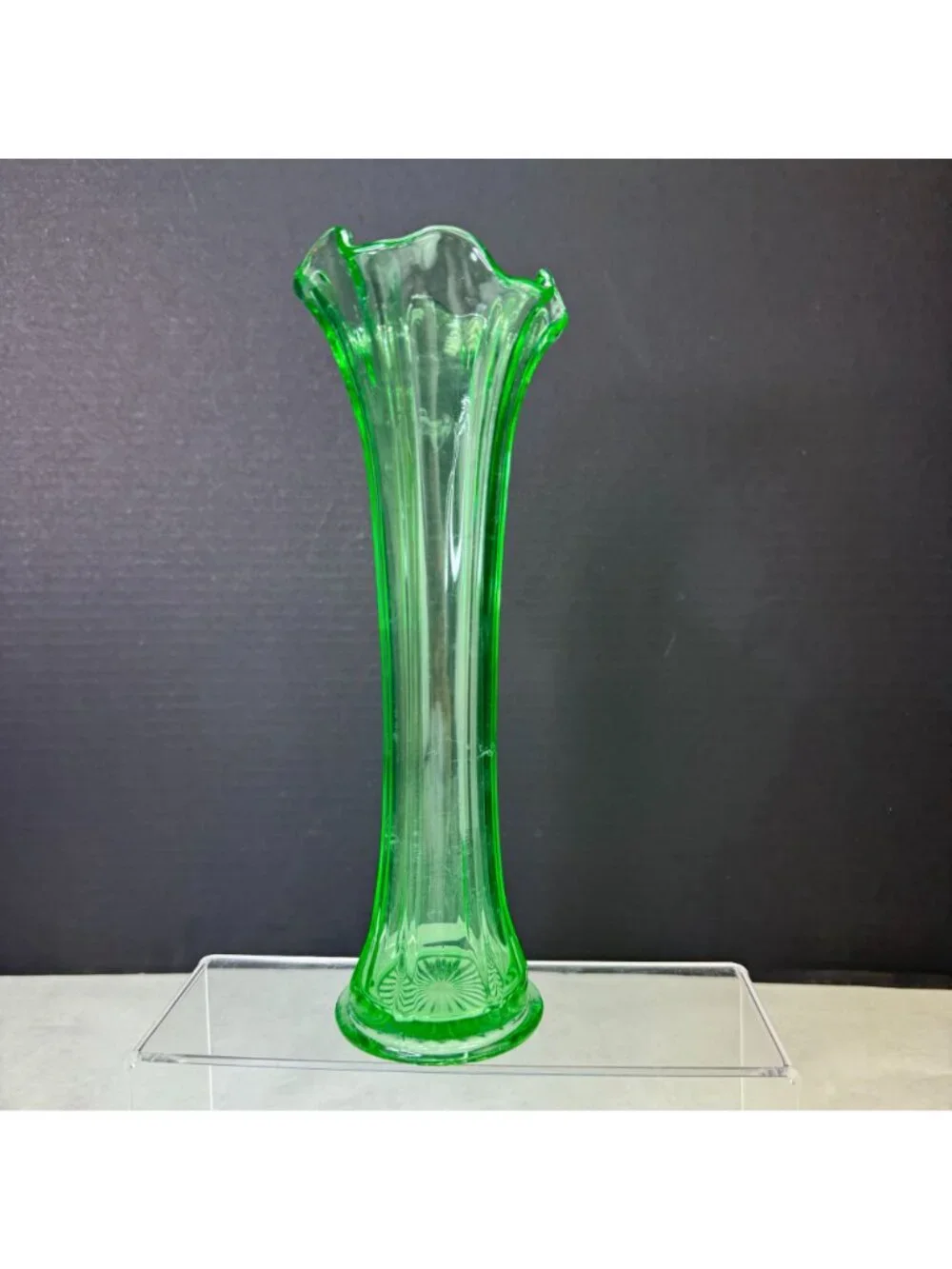 Vintage Uranium Green Glow Glass Ruffle Top Ribbed Vase 10 Inch